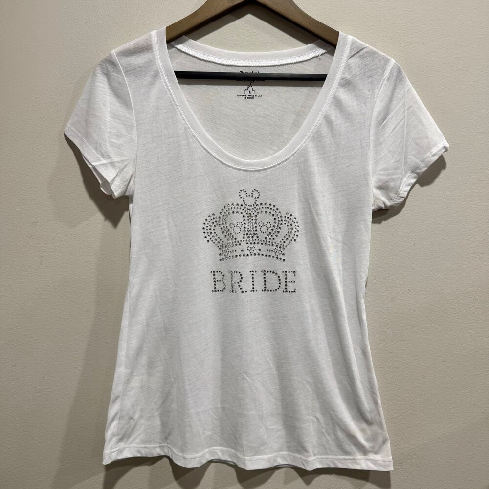Rhinestone BRIDE Crown Disney Parks Fitted Scoop Neck Bachelorette Tee L